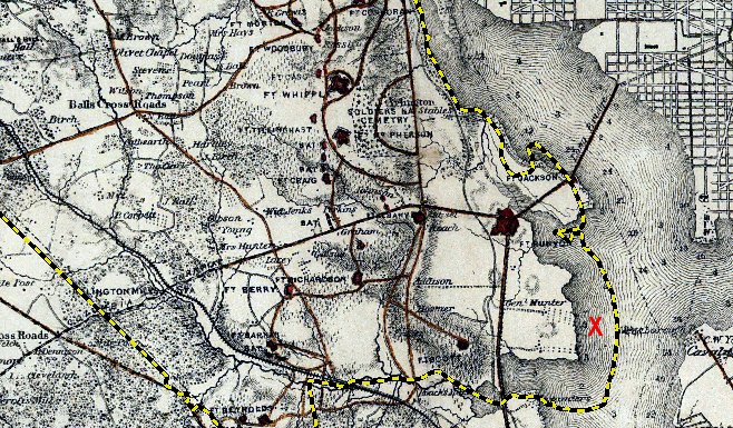 modern boundary of Arlington County, overlaid on 1865 map, shows how construction of Reagan National Airport (red X) altered the shoreline and expanded the land area of Virginia into the Potomac River