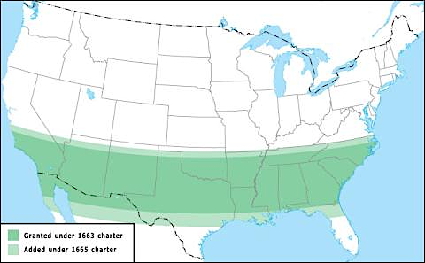 the 1663 and 1665 grants included lands all the way to the Pacific Ocean, similar to the Third Charter of Virginia (1612)