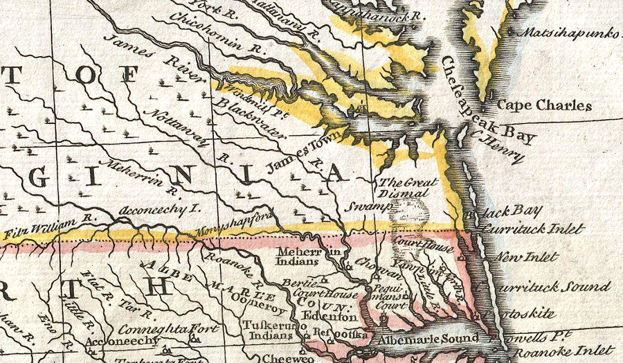 colonial boundaries separating Virginia and North Carolina focused on the land, not the Atlantic Ocean