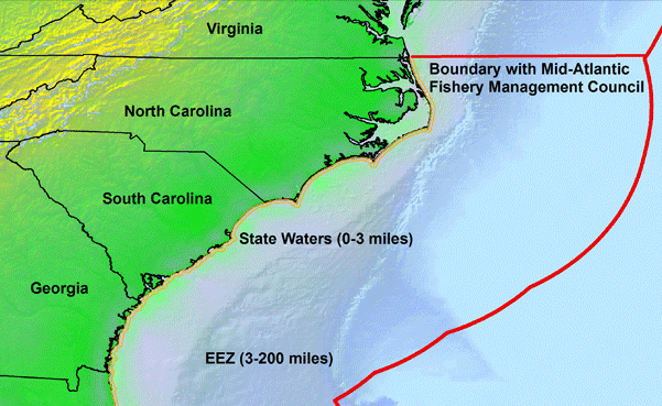 an eastern extension of the Virginia-North Carolina boundary divides the management areas of the South Atlantic Fishery Management Council from the Mid-Atlantic Fishery Management Council
