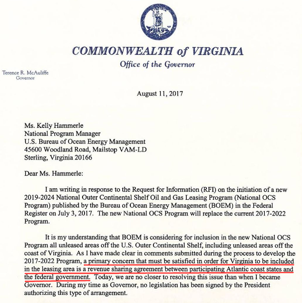 Gov. McAuliffe made clear in 2017 that state support for oil and gas leases on the Outer Continental Shelf depended upon the potential for Virginia to receive revenue from those leases