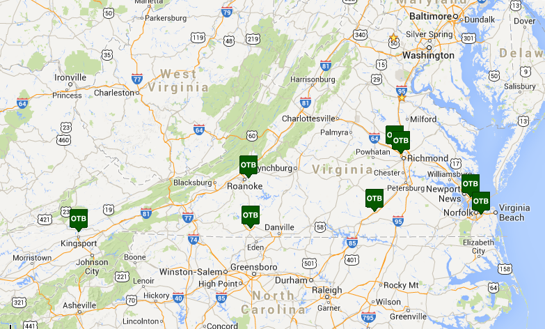 off-track betting parlors in Virginia are located to meet customer demand in the urban areas - but locations in Alberta, Ridgeway, and Weber City are designed to pull customers across the North Carolina/Tennessee borders