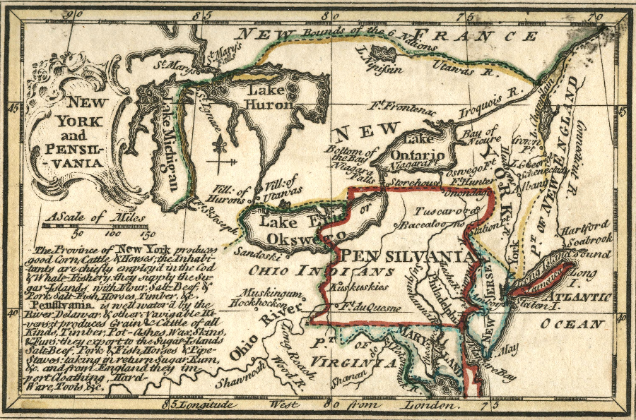 according to William Penn's charter, the western edge of Pennsylvania was supposed to mirror the curving boundaries on the east so the width of the colony would be a constant five degrees in longitude