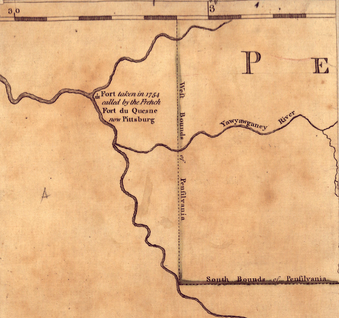 1770 map showing Pittsburgh (Fort Duquesne) located inside western Virginia, west of the presumed Pennsylvania border