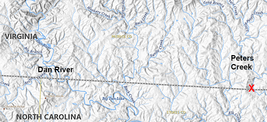 the Virginia surveyors continued on to Peter's Creek in 1728, finally stopping east of where the Dan River first crosses the boundary between Virginia and North Carolina