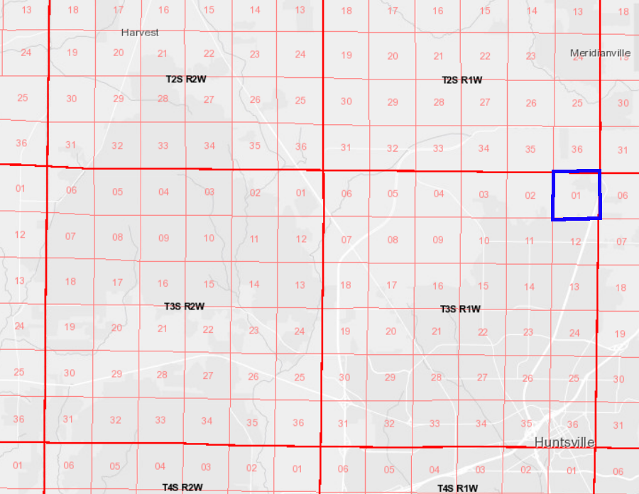 townships, ranges and sections in Alabama are numbered according to the sequence established in the Land Act of 1796, with Section 1 in the northeast corner