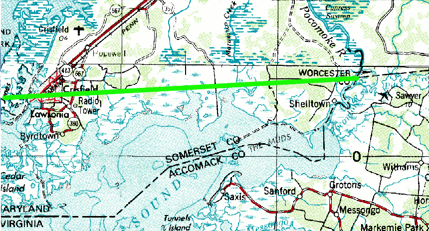 1632 charter defined area below green line as Virginia, but Calvert-Scarborough line established new boundaries in 1668