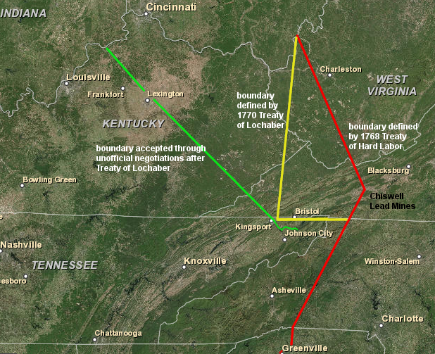 the 1768 Treaty of Hard Labor and 1770 Treaty of Lochaber expanded the territory where settlement was permitted, and Donelson's Line (shown in green, above) gave Virginia control over land south of the 36° 30' parallel of latitude