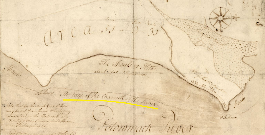 the 1749 shipping channel of the Potomac River was separated from the shoreline by a zone of shallow water which was later filled in with earth