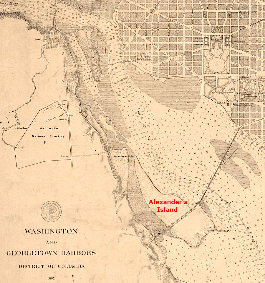 a marsh bordered the west side of Alexander's Island in 1882, and the location of the Virginia shoreline was a judgment call