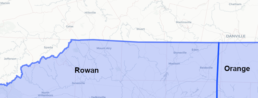 North Carolina established Rowan County in 1753, extending its defined border with Virginia to the base of the Blue Ridge