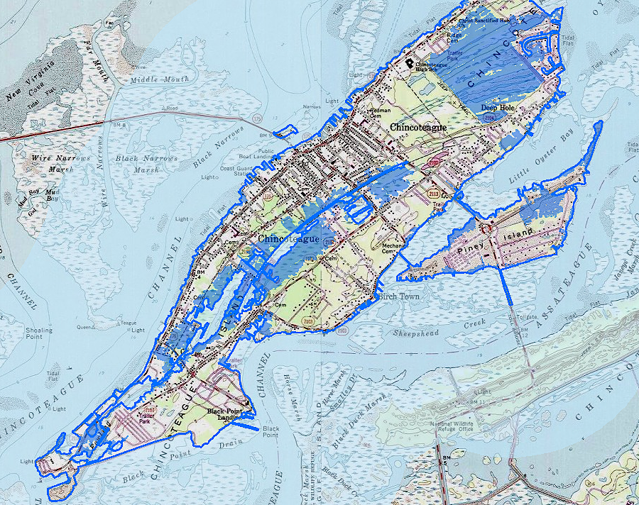 rising sea levels will change shorelines; much of Chincoteague Island could be underwater by 2040