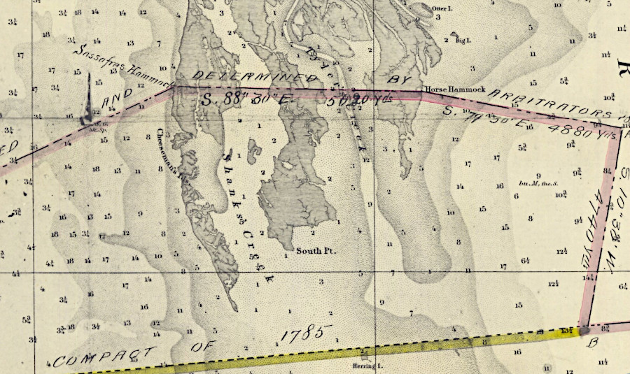 the 1877 line drawn by Black-Jenkins arbitrators (pink) divided Smith Island, whereas a straight across the Chesapeake Bay (yellow) would have placed the entire island in Maryland