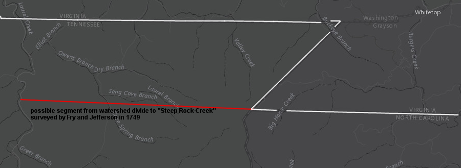 the modern Virginia-North Carolina border does not include the very last part of the Fry and Jefferson survey, ending at Steep Rock Creek (indicated here as modern Laurel Creek, rather than Beaverdam Creek further west)