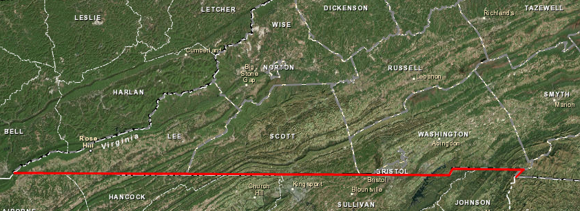 the Tennessee-Virginia border today has evolved from the 36° 30' parallel of latitude defined in 1665 to separate Virginia-North Carolina