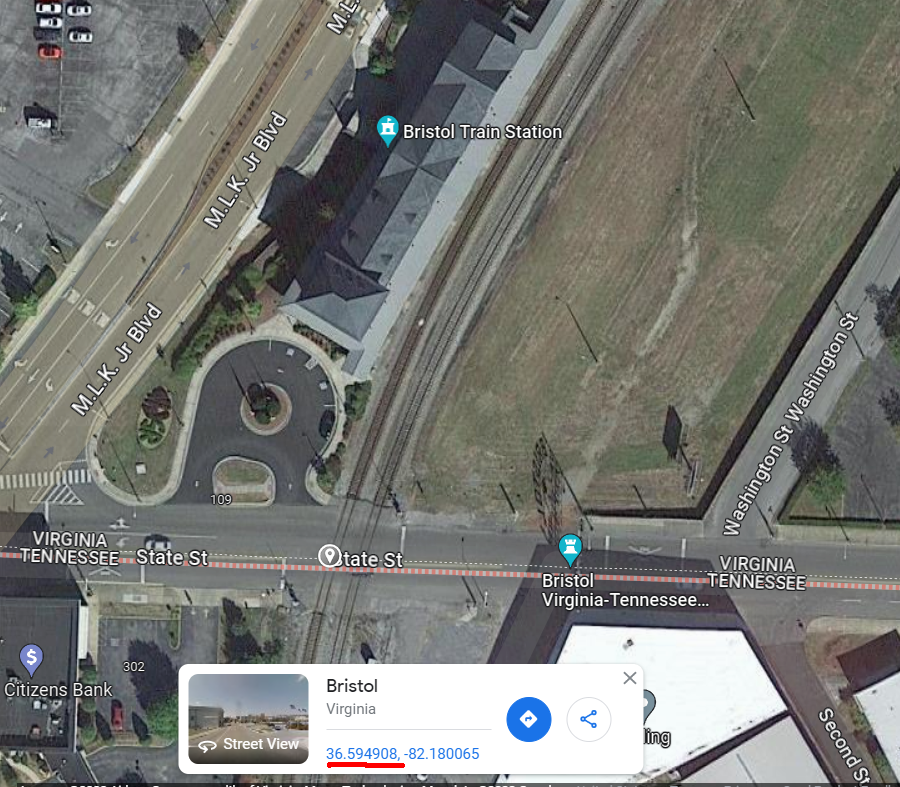 GoogleMaps shows the latitude of the TN-VA border in Bristol, at the middle of State Street next to the railroad station