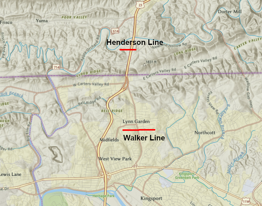 tracts with original survey corners tied to the Henderson and Walker lines show the competing survey lines were over two miles apart