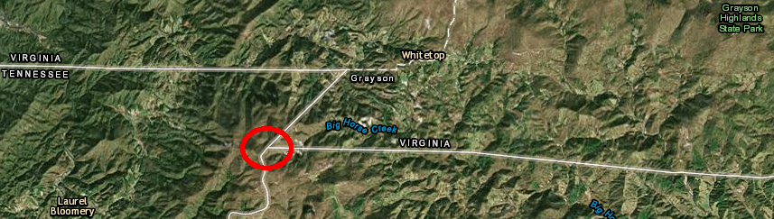 the end of the 1749 survey by Peter Jefferson and Joshua Fry at Steep Rock Creek (red circle)
