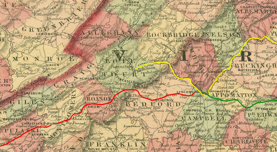 economic and cultural ties based on transportation links to Richmond, including the James River and Kanawha Canal (yellow) and the Virginia and Tennessee Railroad between Bristol-Lynchburg (green), with the South Side Railroad (red) connecting to Richmond, made northwestern Virginia politicians reluctant to include southwestern counties in the new state