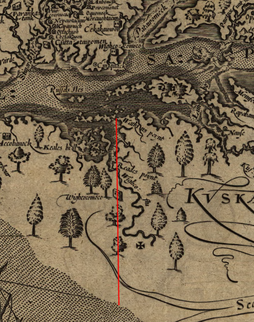 the 1632 Maryland charter defined the new colony's southern boundary on the Eastern Shore as a straight line from Watkin's Point to the Atlantic Ocean (NOTE: map is oriented with West at the top, and North to the right)
