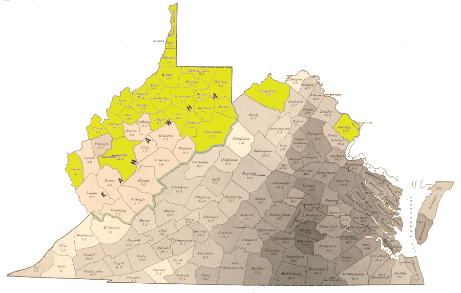 counties (yellow) from which members were appointed on August 7, 1861 to the Committee on a Division of the State