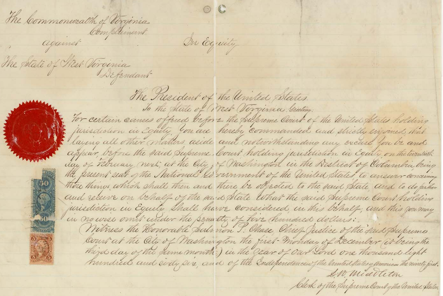 subpoena issued by Salmon P. Chase, Chief Justice of the US Supreme Court, after Virginia claimed it was unconstitutional to incorporate Berkekey and Jefferson counties into West Virginia