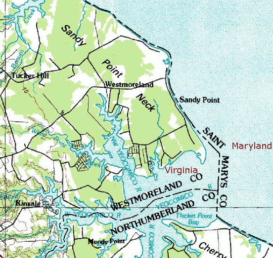 Potomac River boundary between MD and VA, showing St. Marys County line extending to Virginia shoreline