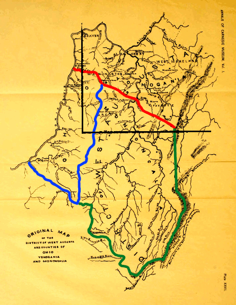 the District of West Augusta, created in 1775, was carved up into three counties in 1776: Yohogania County (in red), Monongalia County (in green), and Ohio County (in blue)