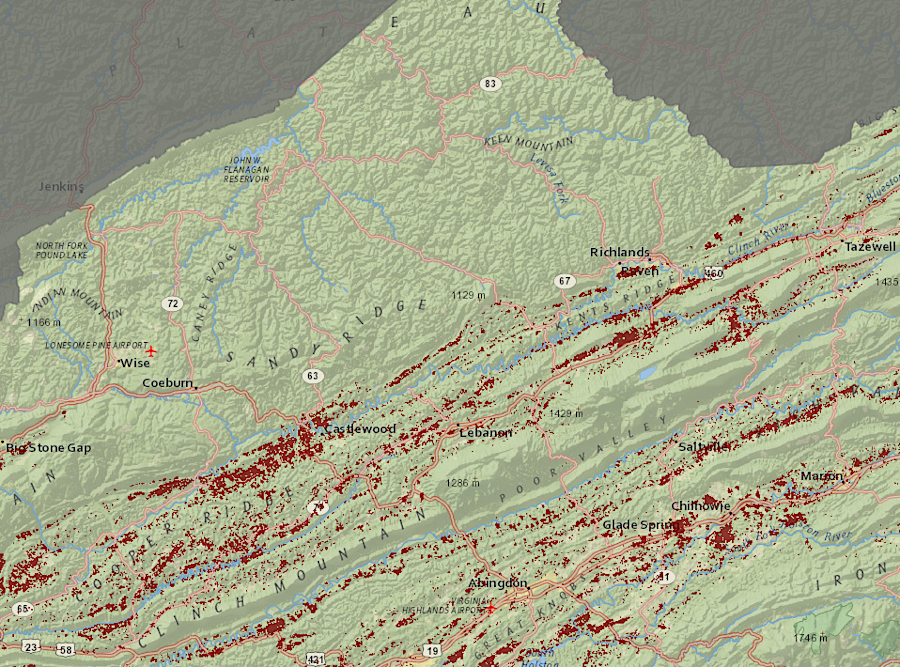 sinkholes (brown lines) are not found in the Appalachian Plateau, but are common in the Valley and Ridge physiographic province
