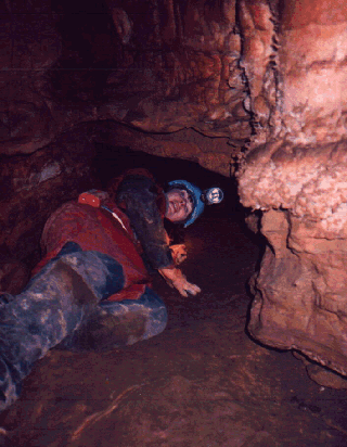 crawling out of Boxwork Room in Boxwork Crystal Cave