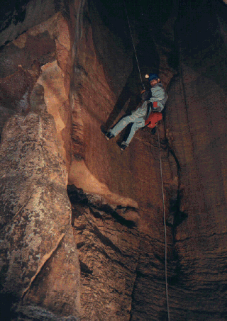 rappelling into a 75-foot Banes Drop in Newberry-Banes Cave System and Pig Hole Cave