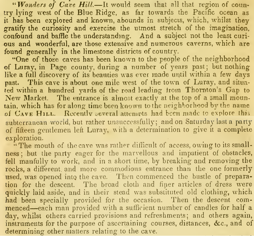 the Shenandoah Sentinel described a visit to Rufner's Cave near Luray in 1825