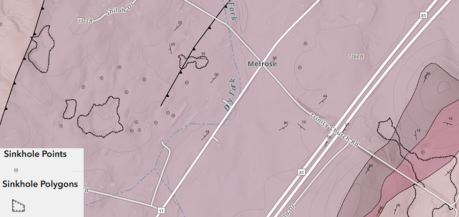 Melrose Caverns is surrounded by sinkholes, where calcium in the bedrock has dissolved in groundwater and depressions have formed on the surface