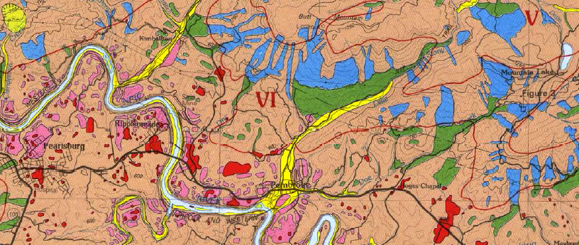 karst topography (colored dark red) is common near Pembroke (Giles County)