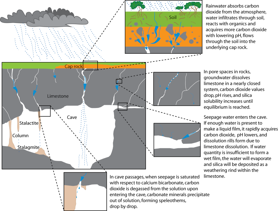 speleothems form slowly, as droplets of water evaporate and leave behind a thin film of calcium-rich minerals