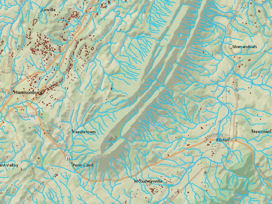 sinkholes and karst landscape features (brown lines) are common in the valleys with linestone bedrock, but not on Massanutten Mountain