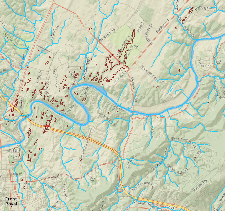 in karst landscapes, rains seeps underground and sinkholes (brown lines) form rather than surface streams