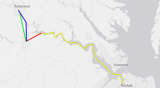 in April 1781, General William Phillips and Benjamin Arnold sailed from Portsmouth to City Point (yellow line), marched to Petersburg and destroyed supplies after the Battle of Blandford (red line), and then Phillips went to Manchester via Chesterfield Court House (green line) while Arnold detoured first to Osbourne's Landing to destroy the Virginia Navy