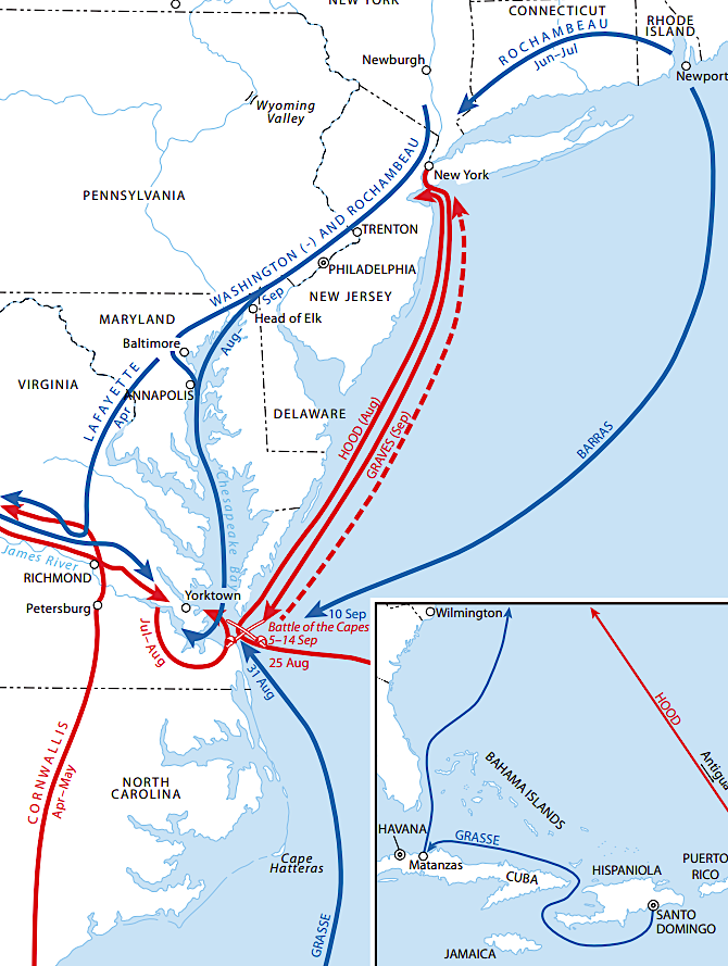 victory by the French fleet at the Battle of the Capes blocked British reinforcements and sealed the fate of the British army camped at Yorktown