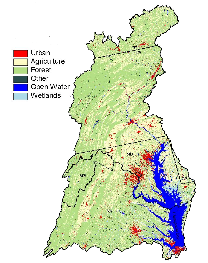 the Chesapeake Bay water quality is degraded below acceptable levels by urban stormwater, agricultural runoff, and watewater treatment plant discharges