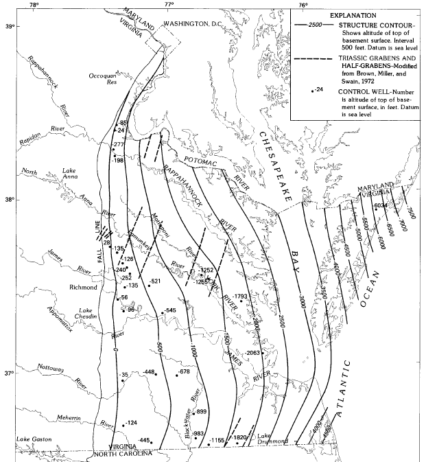 depth to bedrock from the surface, Coastal Plain between Fall Line and Atlantic Ocean