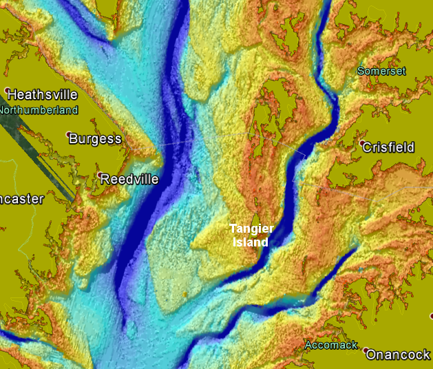 the deep channel that separates Tangier Island from the Eastern Shore was a narrow river until the Chesapeake Bay formed in the last 10,000 years