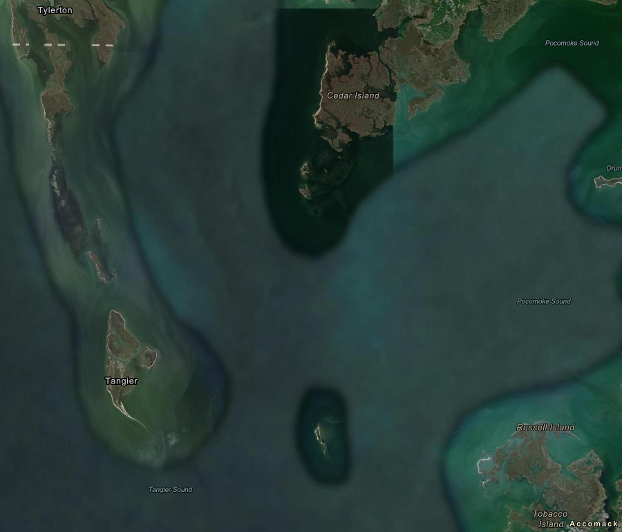 the former peninsula from Tangier to Smith Island (Tylerton) is mostly underwater now