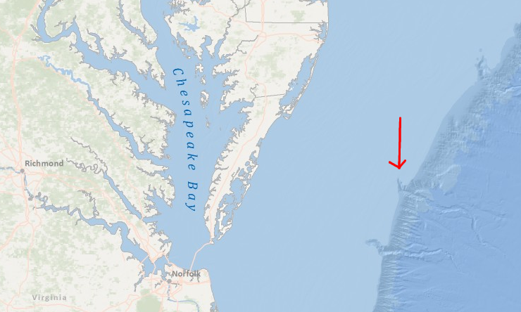 Washington Canyon (red arrow) is one clue that the mouth of the Susquehanna River was located north of its current exit at the southern edge of the Chesapeake Bay