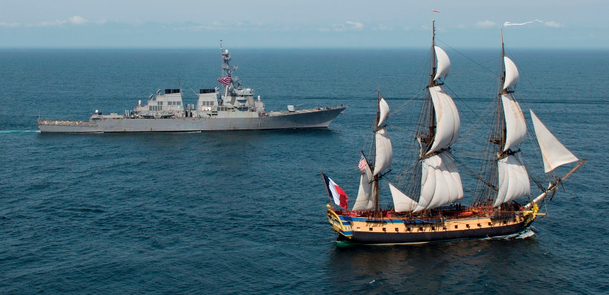 the replica of the French tall ship Hermione, which brought Lafayette to America in 1780, met the guided-missile destroyer USS Mitscher on the way to Yorktown in 2015