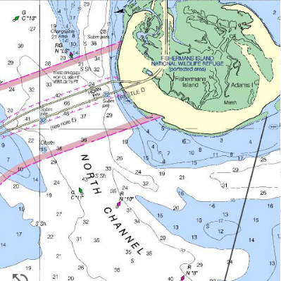 North Channel - former Cape Charles Channel, but eastern portion has been buried by 160' of sediments (even Fisherman's Island)