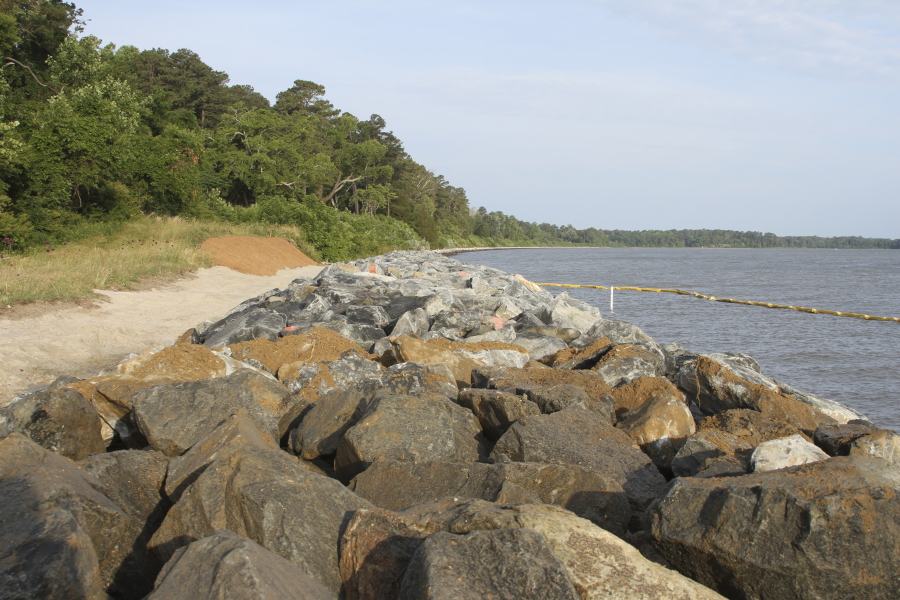 the Corps of Engineers placed rock on the York River shoreline in 2013 to counter erosion threatening the Colonial National Parkway