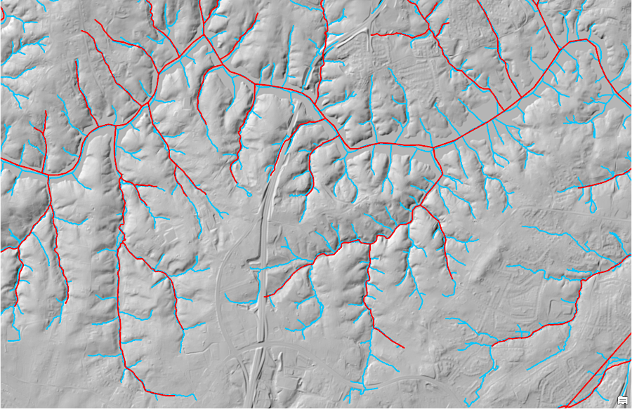 using liDAR imagery and artificial intelligence, 200,000 miles of streams have been mapped in the Chesapeake Bay watershed (blue = newly mapped stream segments)