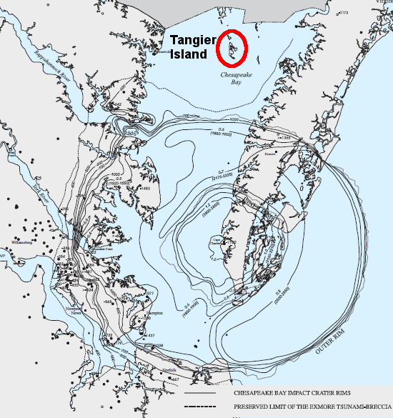 a 35-million year old bolide crater triggers unusual land subsidence to the south and does not affect the island - but Tangier is still affected by the regional land subsidence resulting from the melting of the ice sheets