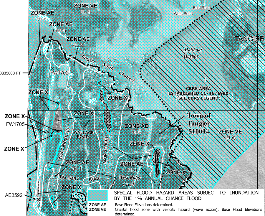 only tiny portions of Tangier Island are classified as Zone X, elevated above the 100 year flood plain